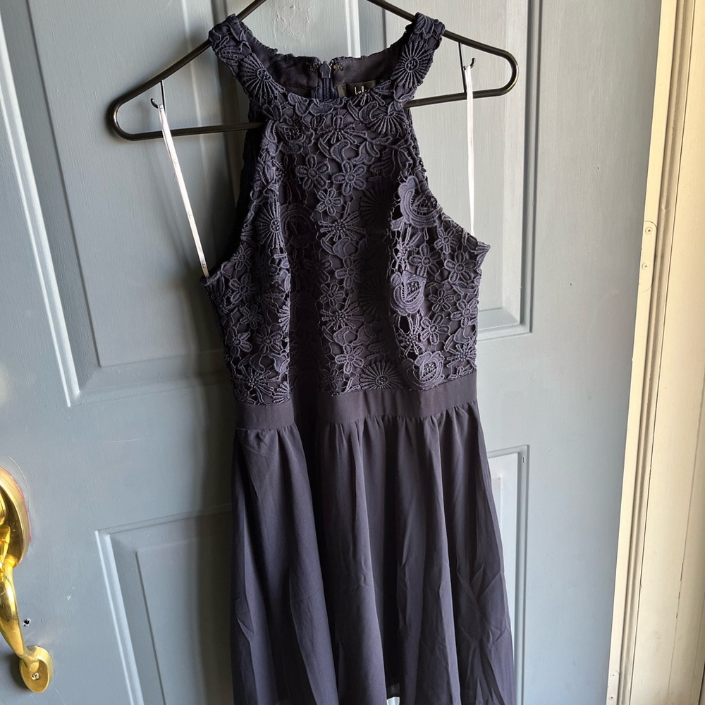 Navy Floral Lace Sleeveless Homecoming Dress